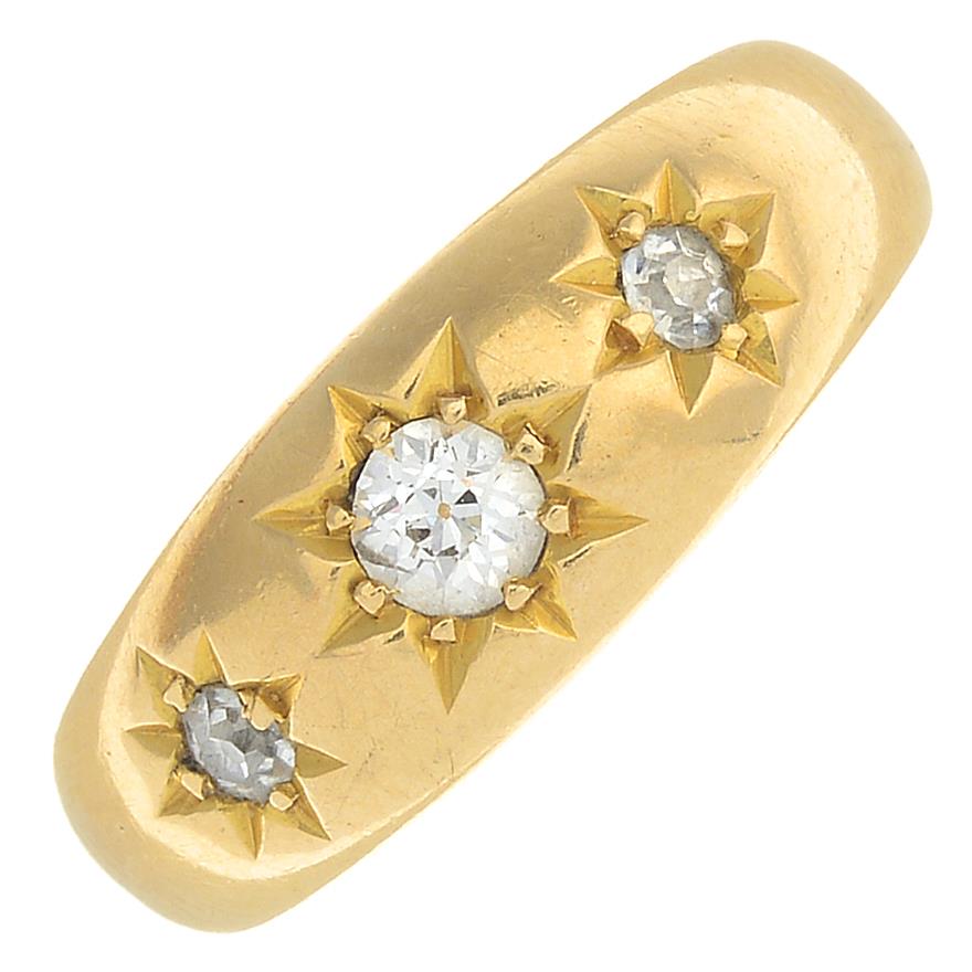 A late Victorian 18ct gold diamond three-stone ring.