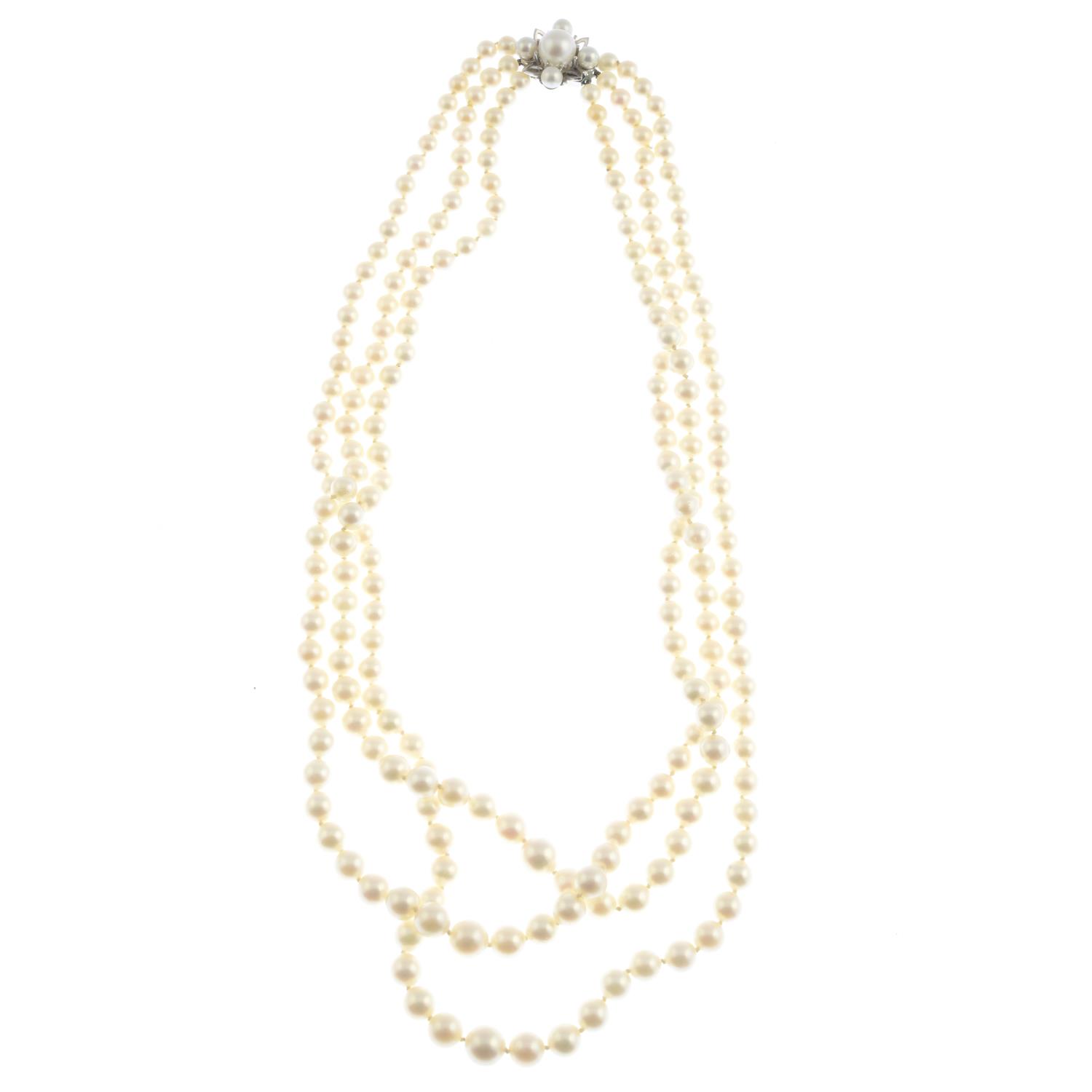 A cultured pearl three-row necklace. - Image 2 of 2