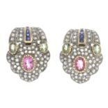 A pair of diamond, tourmaline and sapphire earrings.