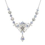 A sapphire, diamond and cultured pearl necklace.