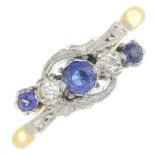 An early 20th century 18ct gold and platinum, sapphire and diamond five-stone ring.