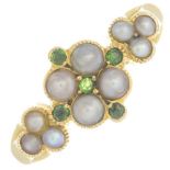 An early 20th century 18ct gold split pearl and demantoid garnet ring.