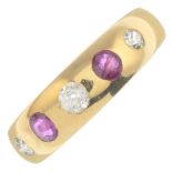 A late Victorian 18ct gold diamond and ruby five-stone ring.