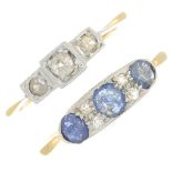 Three mid 20th century 18ct gold and platinum diamond and sapphire rings.