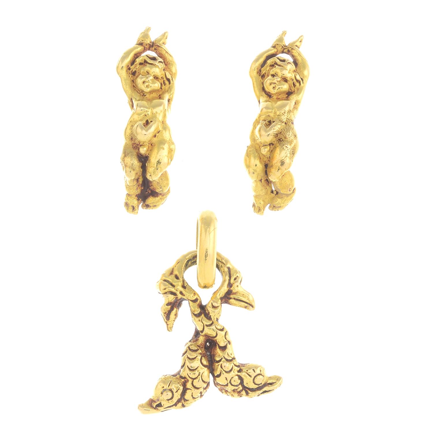 A pair of 18ct gold earrings and a pendant.