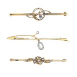 Three early to mid 20th century 15ct gold gem-set bar brooches.