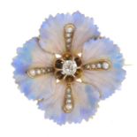 An early 20th century gold, diamond, split pearl and enamel floral brooch.