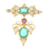 A 19th century 18ct gold Colombian emerald, diamond and ruby brooch.