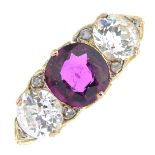 A late Victorian 18ct gold ruby and diamond three-stone ring.