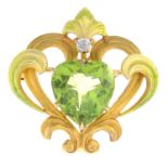 KREMENTZ - an early 20th century 14ct gold peridot, diamond and enamel brooch.