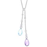 An 18ct gold aquamarine, amethyst and diamond negligee necklace.