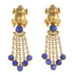 CARTIER - a pair of Egyptian Revival 18ct gold sapphire scarab earrings.