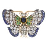 An early 20th century silver and gold, diamond and gem-set butterfly brooch.