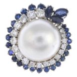 A mid 20th century gold mabe pearl, diamond and sapphire ring.