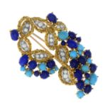 KUTCHINSKY - a 1960s 18ct gold turquoise, lapis lazuli and diamond brooch.