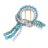 A mid 20th century turquoise and diamond brooch.