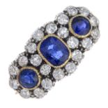 A late Victorian silver and 18ct gold, sapphire and diamond triple cluster ring.