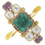 A 19th century 18ct gold Colombian emerald, diamond and ruby ring.