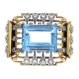 A mid 20th century 14ct gold and platinum, aquamarine and diamond brooch.