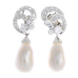 A pair of mid 20th century cultured pearl and diamond earrings.