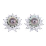 TIFFANY & CO. - a pair of Tahitian cultured pearl and diamond cluster earrings.