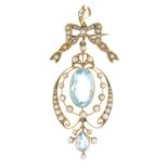 An early 20th century 15ct gold aquamarine and split pearl pendant.