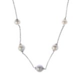 An imitation pearl necklace.Stamped 750.Length 47cms.