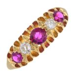 An 18ct gold synthetic ruby and diamond dress ring.Estimated total diamond weight 0.15ct.Hallmarks