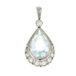 An aquamarine and diamond pendant.