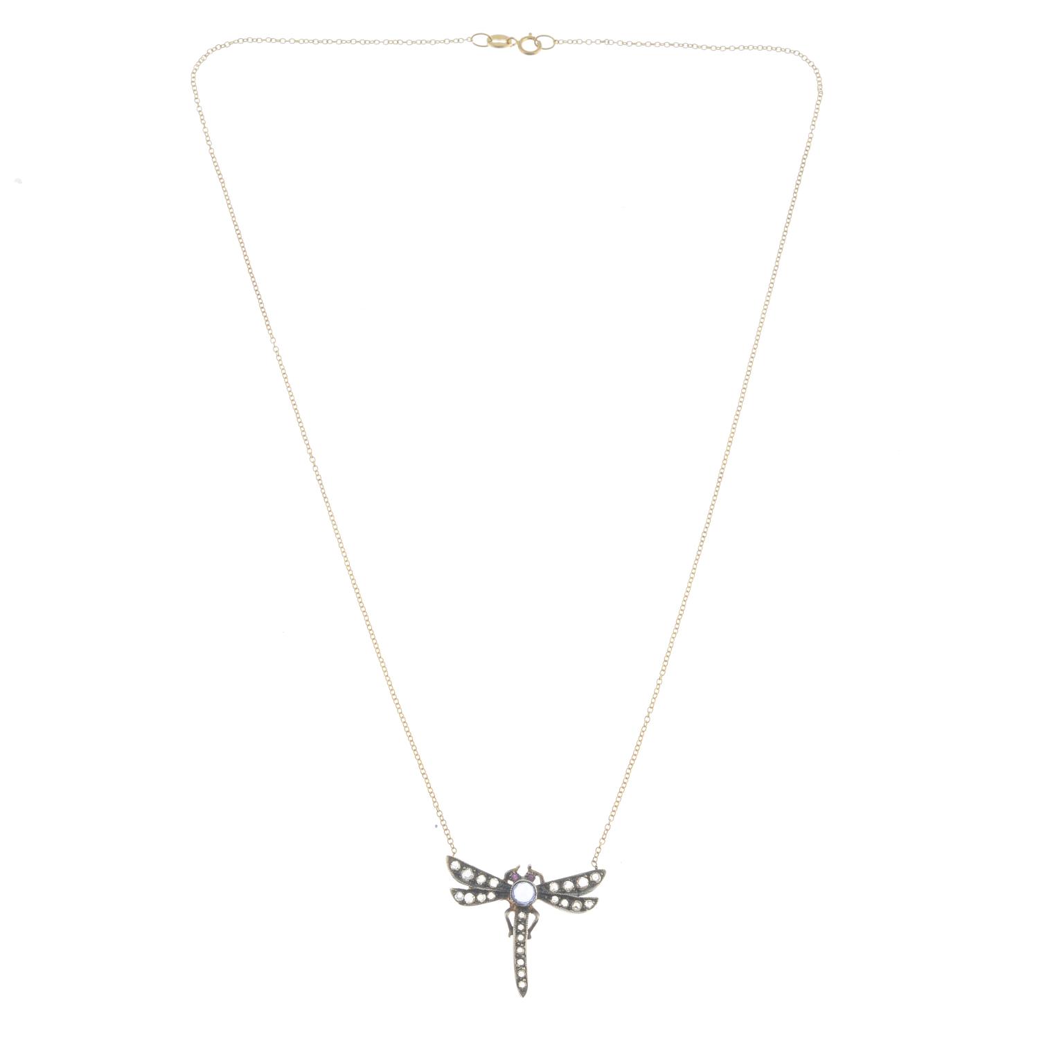 A rose-cut diamond, sapphire and red gem dragonfly necklace, suspended from an 18ct gold chain. - Image 3 of 3