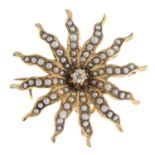A late 19th century gold diamond and split pearl floral cluster brooch.Clasp AF.May be worn as a