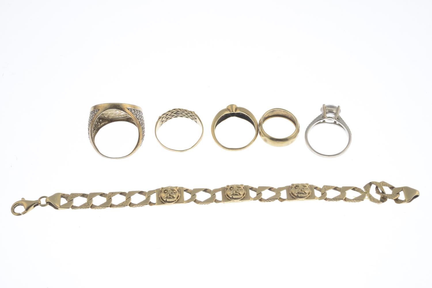 (54351) Five rings and a bracelet.Two rings with hallmarks for 9ct gold. - Image 2 of 3