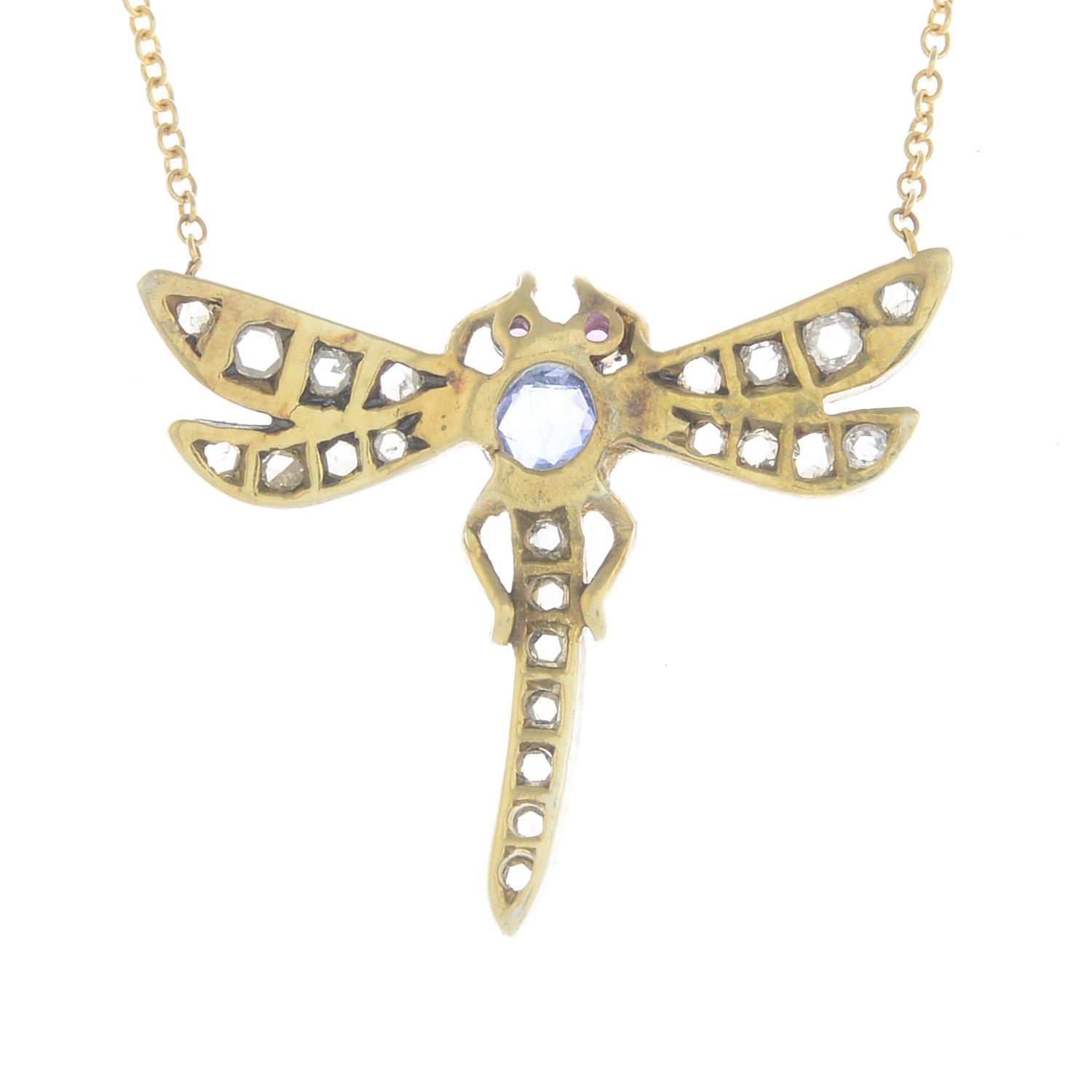 A rose-cut diamond, sapphire and red gem dragonfly necklace, suspended from an 18ct gold chain. - Image 2 of 3