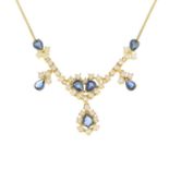 An 18ct gold sapphire and diamond necklace.Estimated total diamond weight 1.60cts.Hallmarks for