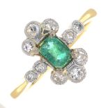 An mid 20th century 18ct gold emerald and diamond dress ring,