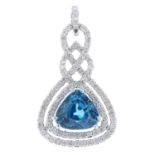 A zircon and diamond pendant.Zircon calculated weight 5.38cts,