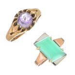 Three late Victorian 9ct gold gem-set rings, set with various gems including chrysoprase.