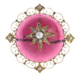 A brooch, set with garnet, diamonds and split pearl.