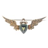 An early 20th century 9ct gold green garnet-topped-doublet and split pearl winged heart brooch.