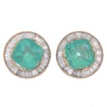 A pair of emeralds, with diamond earring mounts.