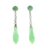 A pair of jadeite and diamond earrings.Estimated total diamond weight 0.70ct.