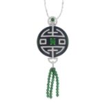 An onyx, foil-back emerald, diamond and green-gem pendant, suspended from a fancy-link chain.