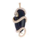 A diamond and onyx snake pendant.Onyx calculated weight 31.80cts,