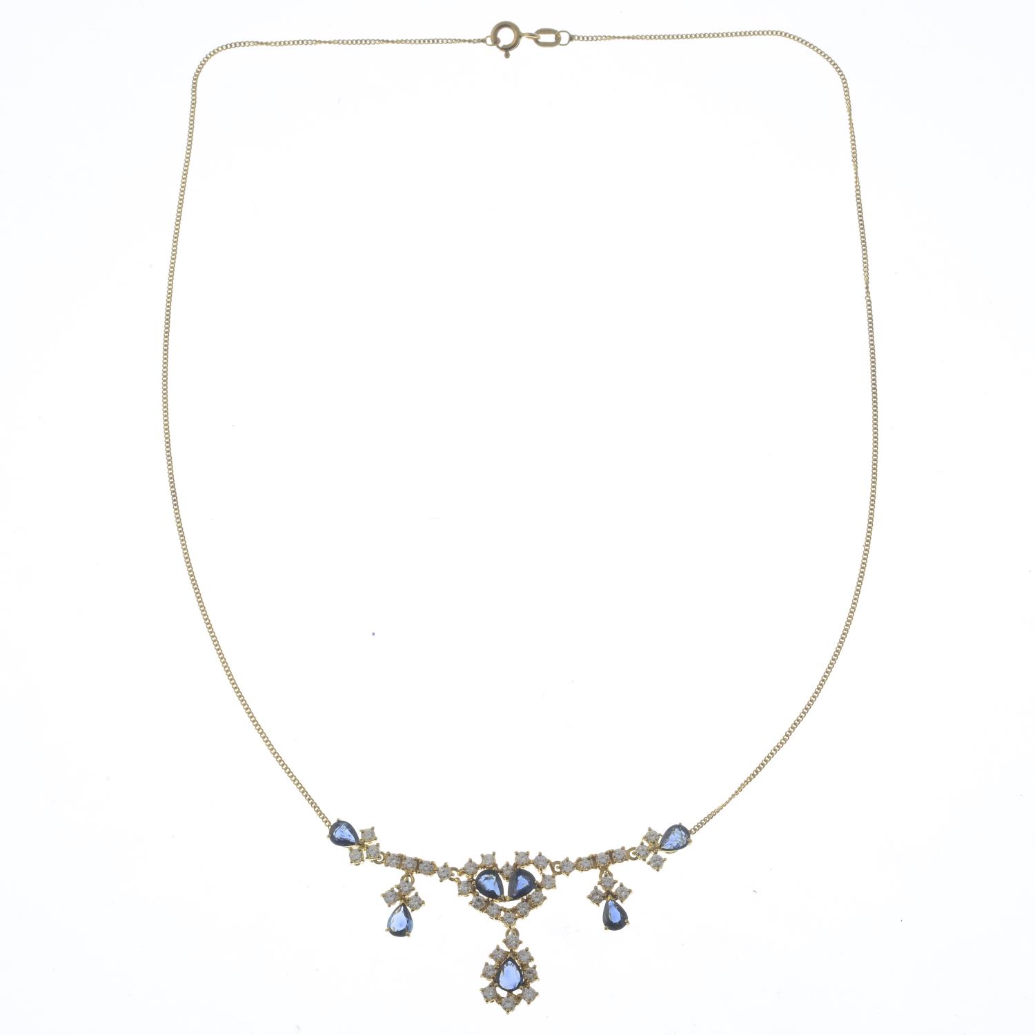 An 18ct gold sapphire and diamond necklace.Estimated total diamond weight 1.60cts.Hallmarks for - Image 2 of 3