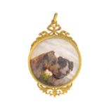 A mother-of-pearl pendant, painted to depict two dogs.Length 5.9cms.