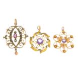 Three early 20th century 9ct gold gem-set pendants,