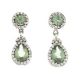 A pair of 9ct gold green tourmaline and colourless gem earrings.