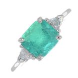 An 18ct gold Colombian emerald and diamond three-stone ring.With report WGI9624116240,