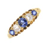 An Edwardian 18ct gold sapphire and diamond ring.Estimated total diamond weight 0.30ct,