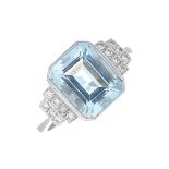 An aquamarine and diamond ring.Aquamarine calculated weight 3cts,
